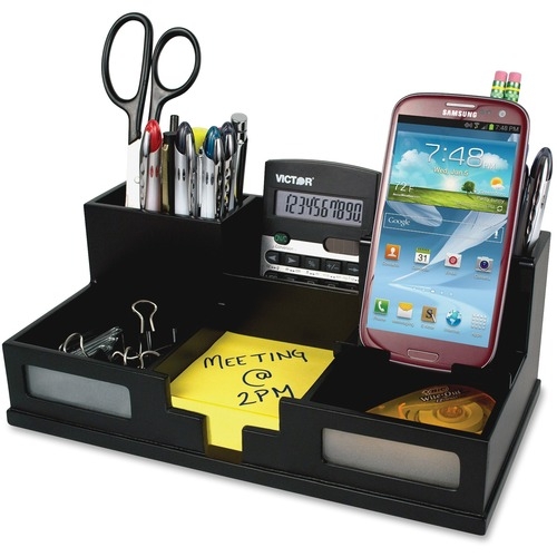 Midnight Black Desk Organizer with Smartphone Holder, 6 Compartments, Wood, 10.5 x 5.5 x 4