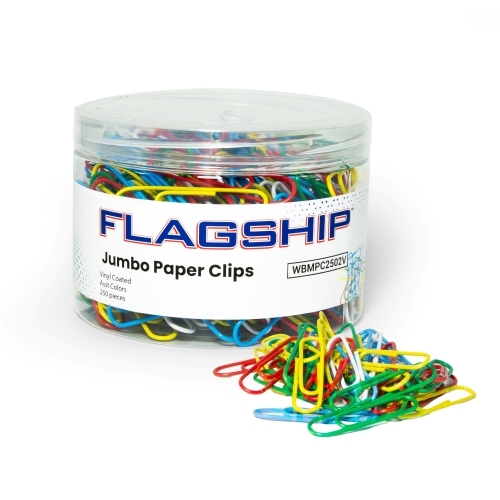 Flagship Paper Clips, Jumbo, Plastic Coated, Assorted, 250/Tub - W.B. Mason